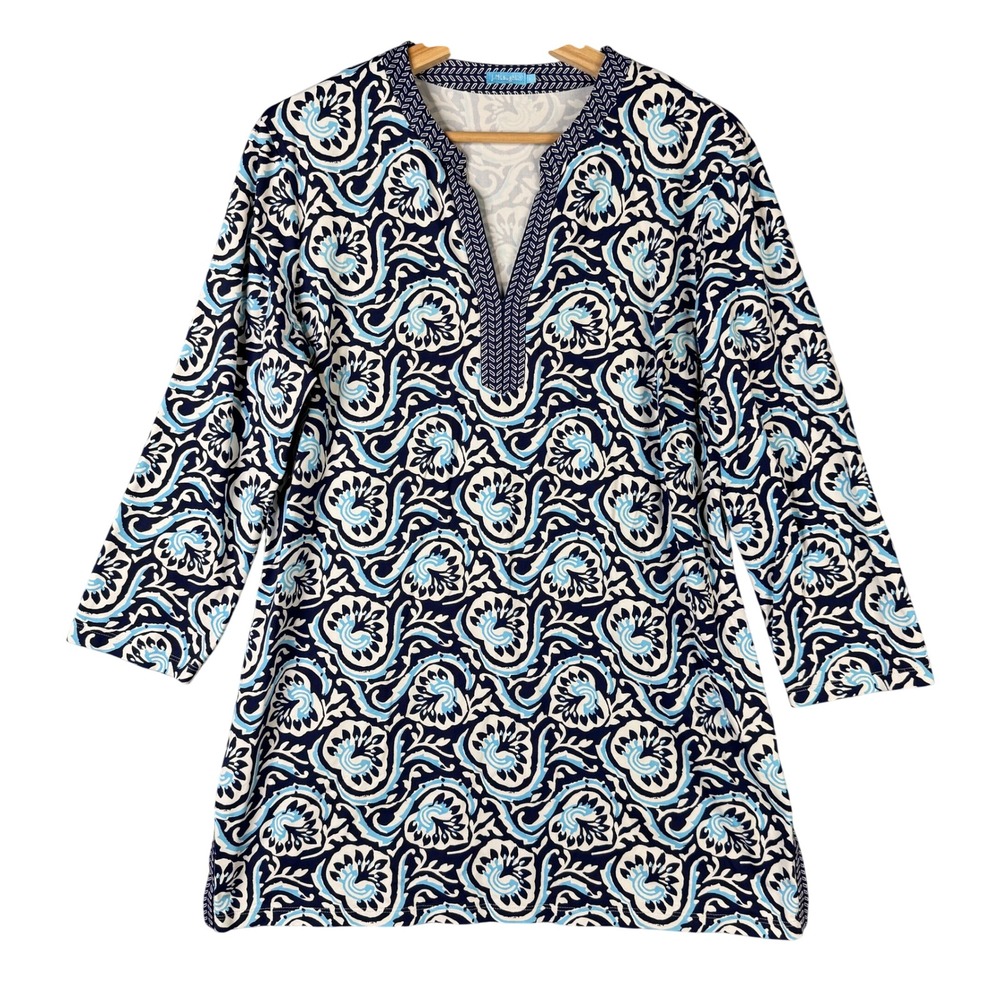 J.McLaughlin Catalina Tunic Top Large Navy Blue Paisley Print 3/4 Sleeve Stretch